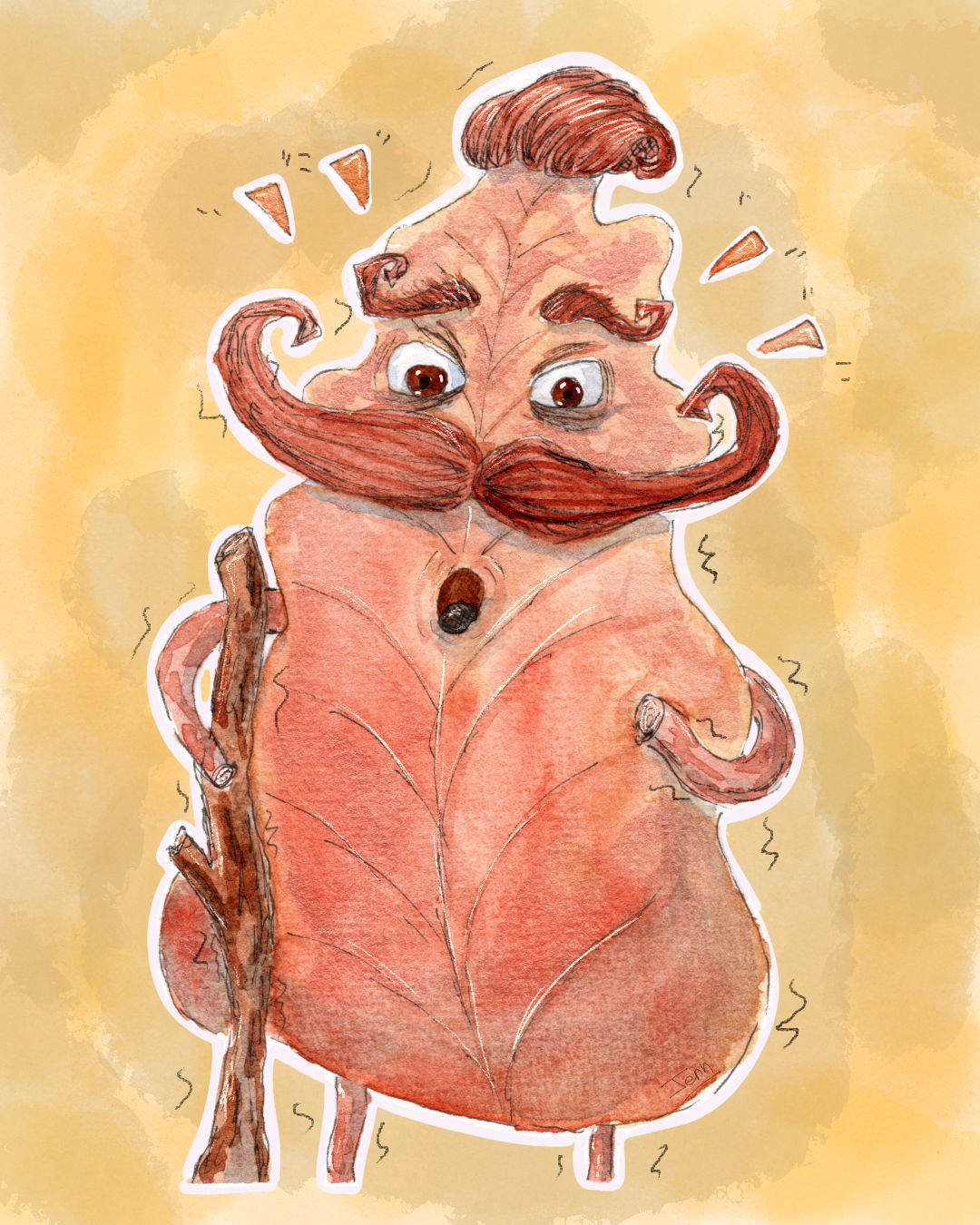 Illustration aquarelle d'un personnage-feuille d'automne au style "sage" : une feuille séchée avec des nervures apparentes, portant une moustache rousse ornée et un pompadour, tenant un bâton de pèlerin avec une expression de surprise et de révélation, le tout sur fond jaune aquarelle.