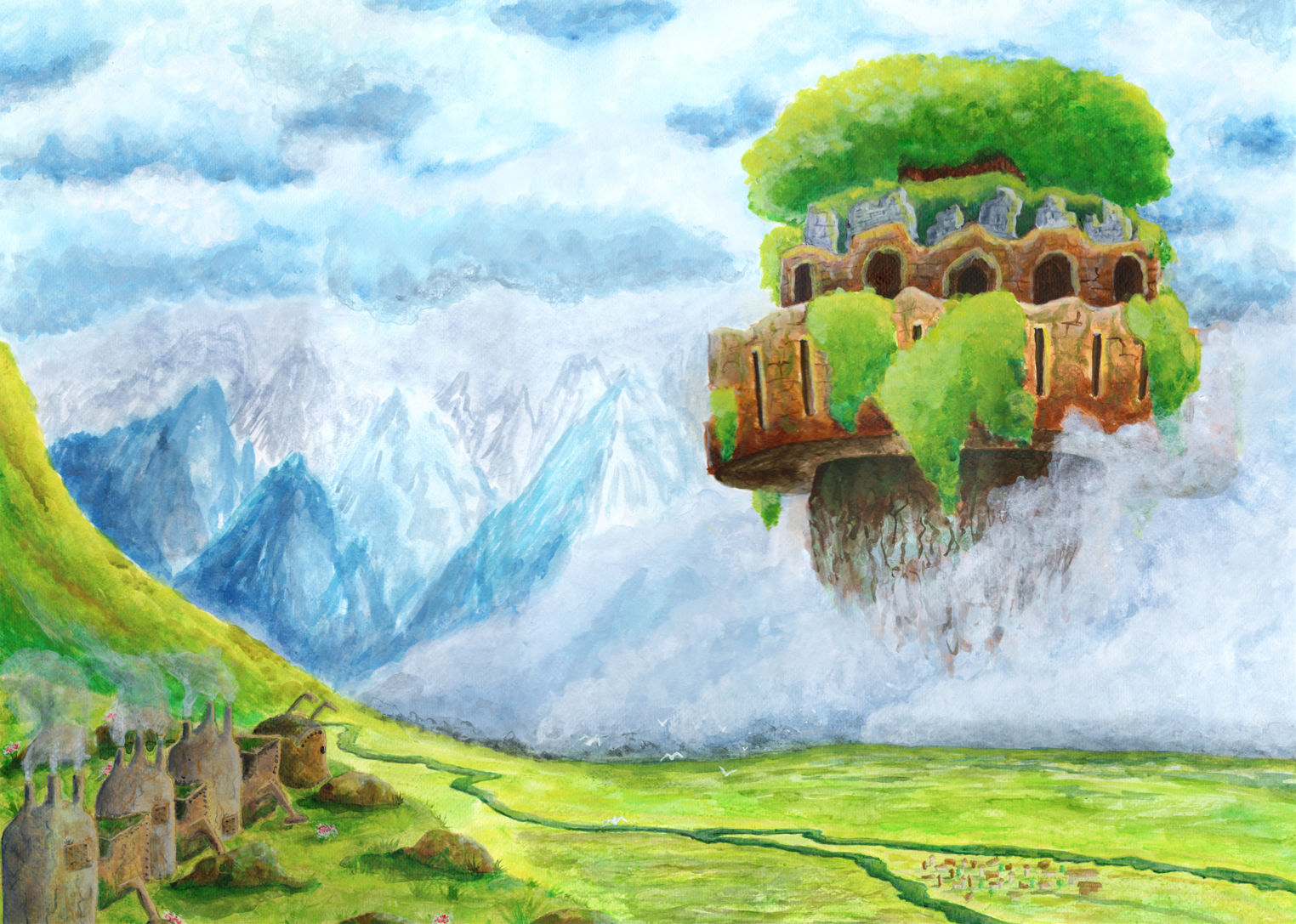 Illustration à l'acrylique d’un paysage fantastique très coloré. Représentant un château en ruine qui s’envole au-dessus d’une vallée. Et une fourmi industrielle qui regarde le château partir.