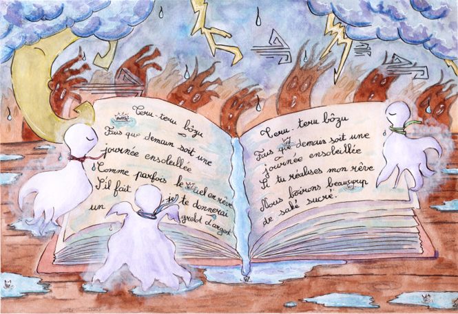 Peinture aquarelle fantastique d'un grand grimoire ouvert sous un ciel d'orage et d'éclairs. Trois figures spectrales Teru Teru Bōzu (poupées de pluie japonaises) l'entourent. Le livre contient un poème traduit en français de façon manuscrite. Un croissant de lune complète la scène.