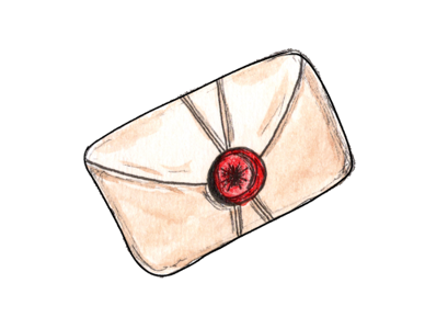 Illustration à l'aquarelle d'une ancienne enveloppe beige fermée au centre par un cachet de cire rouge, sur fond transparent.