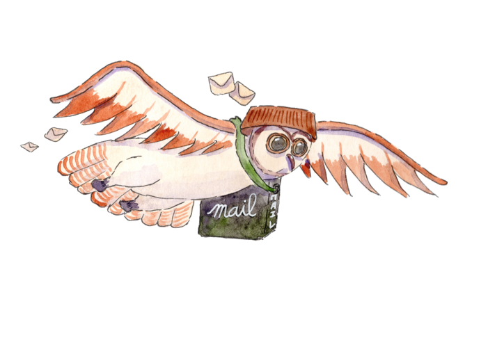 Illustration aquarelle d'un hibou facteur en plein vol, portant un petit chapeau et un sac de courrier d'où s'échappent quelques enveloppes, sur fond transparent.