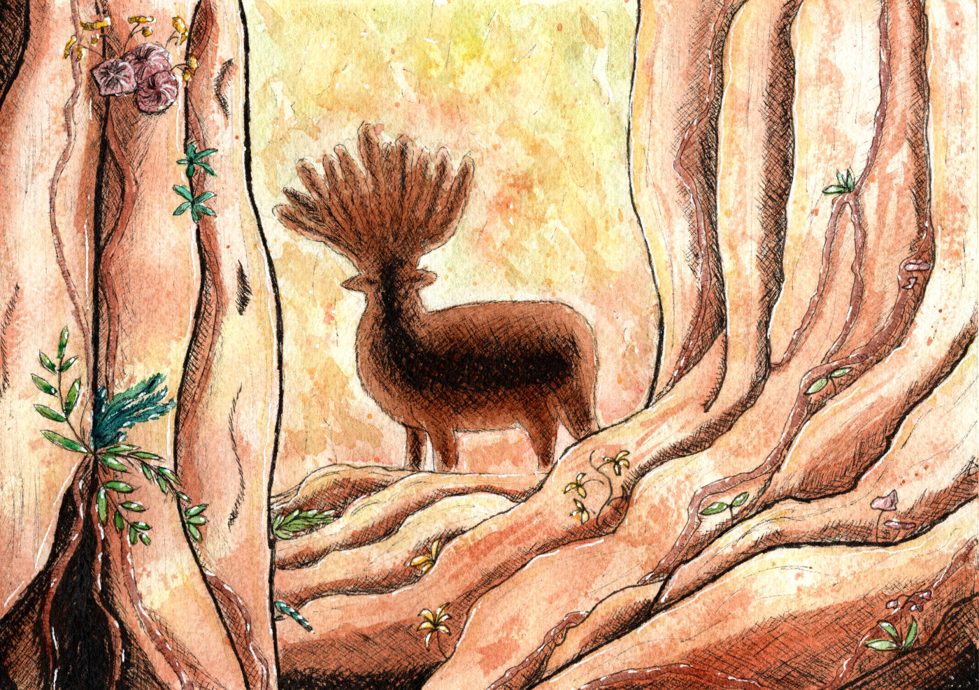 Illustration fantastique d'un cerf majestueux aux bois immenses et complexes, orné de motifs lumineux bleus et or, debout dans une forêt sombre sous un puissant rayon de lumière magique. Style gouache texturé.