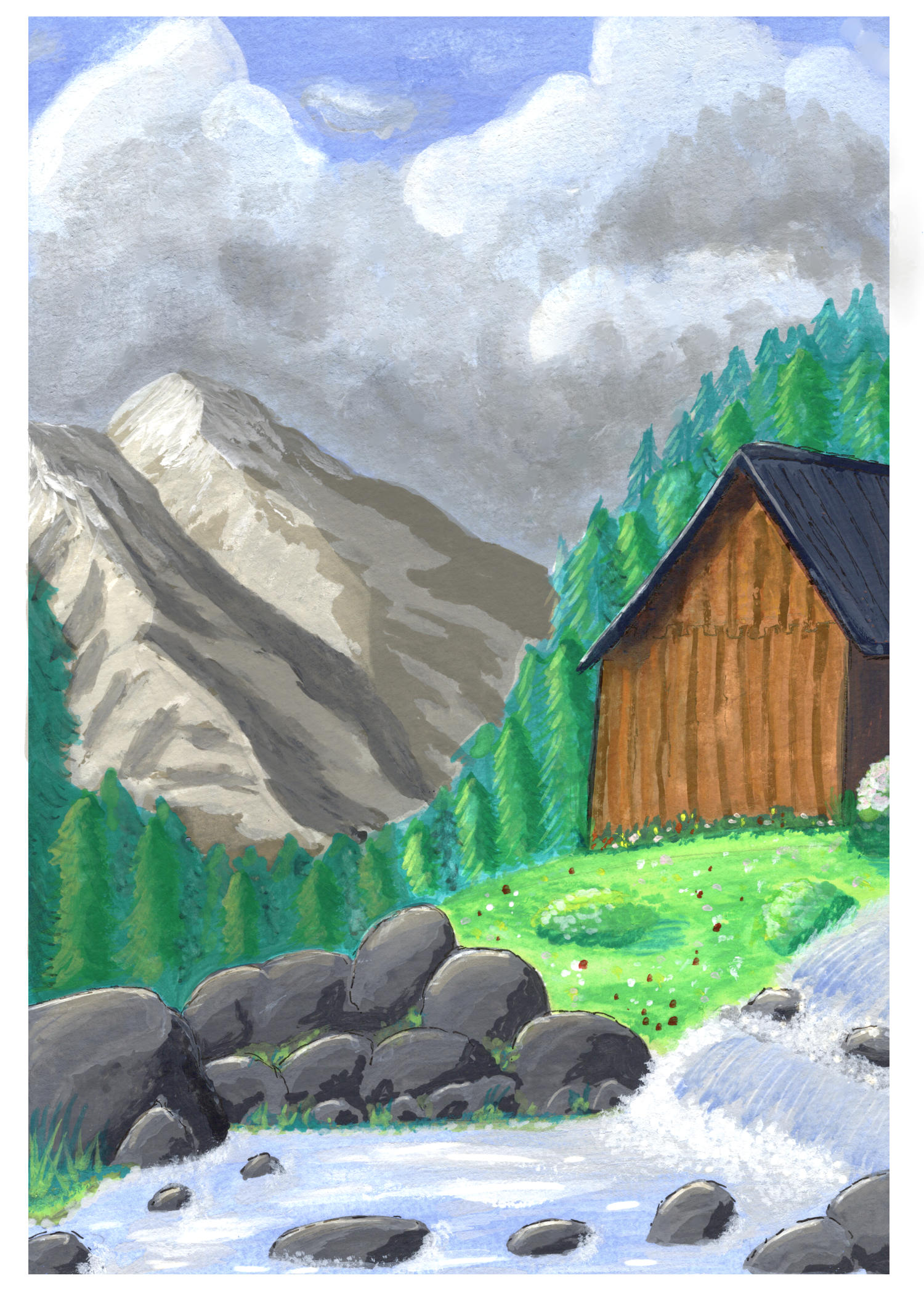 Peinture à la gouache d'un paysage de montagne estival. Au premier plan, un torrent coule entre de gros rochers gris. À droite, un chalet en bois sur une prairie verte parsemée de fleurs. En fond, des sapins et des sommets montagneux sous un ciel nuageux.