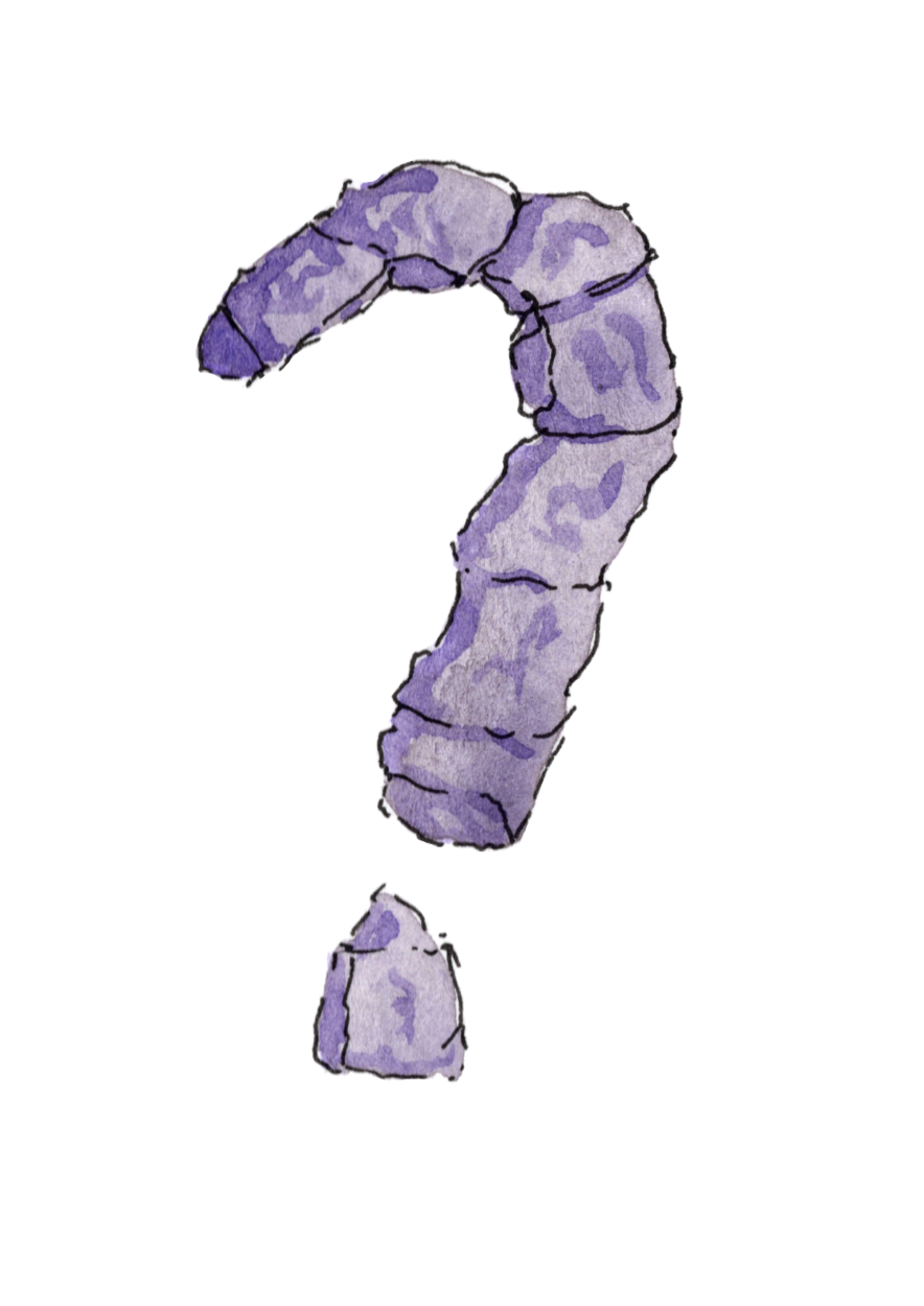 Illustration à l'aquarelle d'un point d'interrogation formé de blocs de pierre de couleur violette.