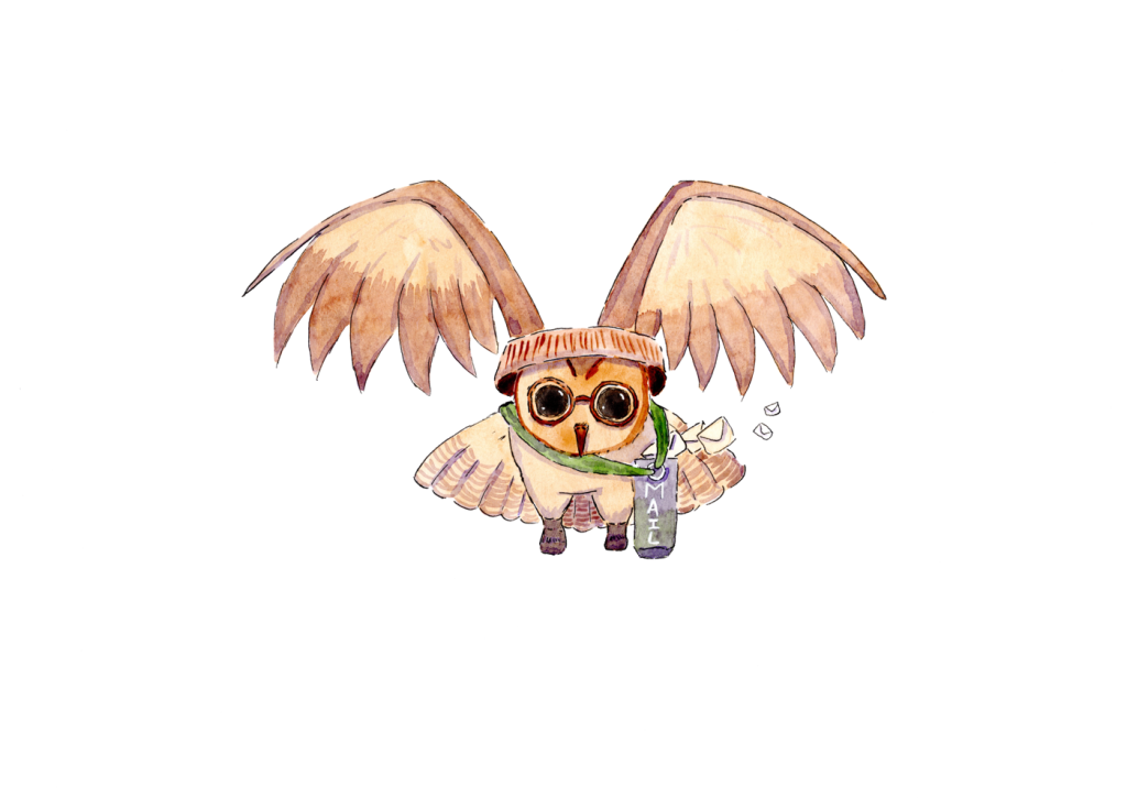 Illustration à l'aquarelle d'un hibou facteur vu de face en plein vol, portant un bonnet, des lunettes rondes, une écharpe verte et une sacoche à courrier.