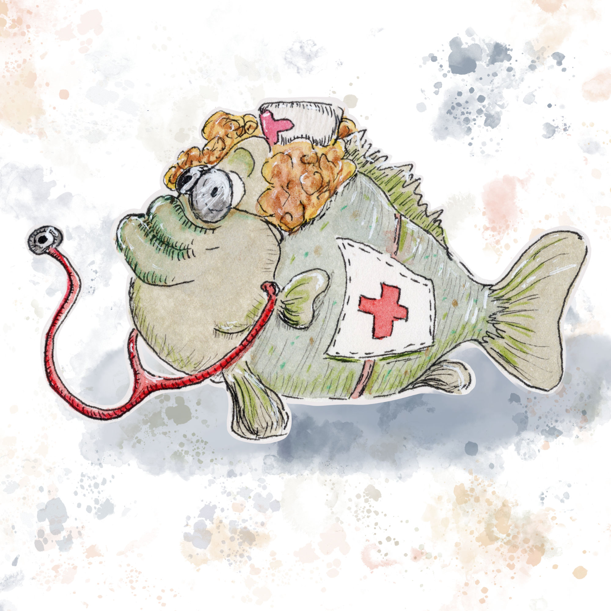 Illustration originale peinte dans un style fantastique représentant un personnage anthropomorphe de Mérou-infirmière, debout dans un décor sous-marin. La créature possède des écailles texturées et une nageoire caudale, mais porte une coiffe et un tablier d'infirmière. Sa tête est couronnée d'une abondante chevelure rousse bouclée. Elle tient une fiole et un instrument médical.