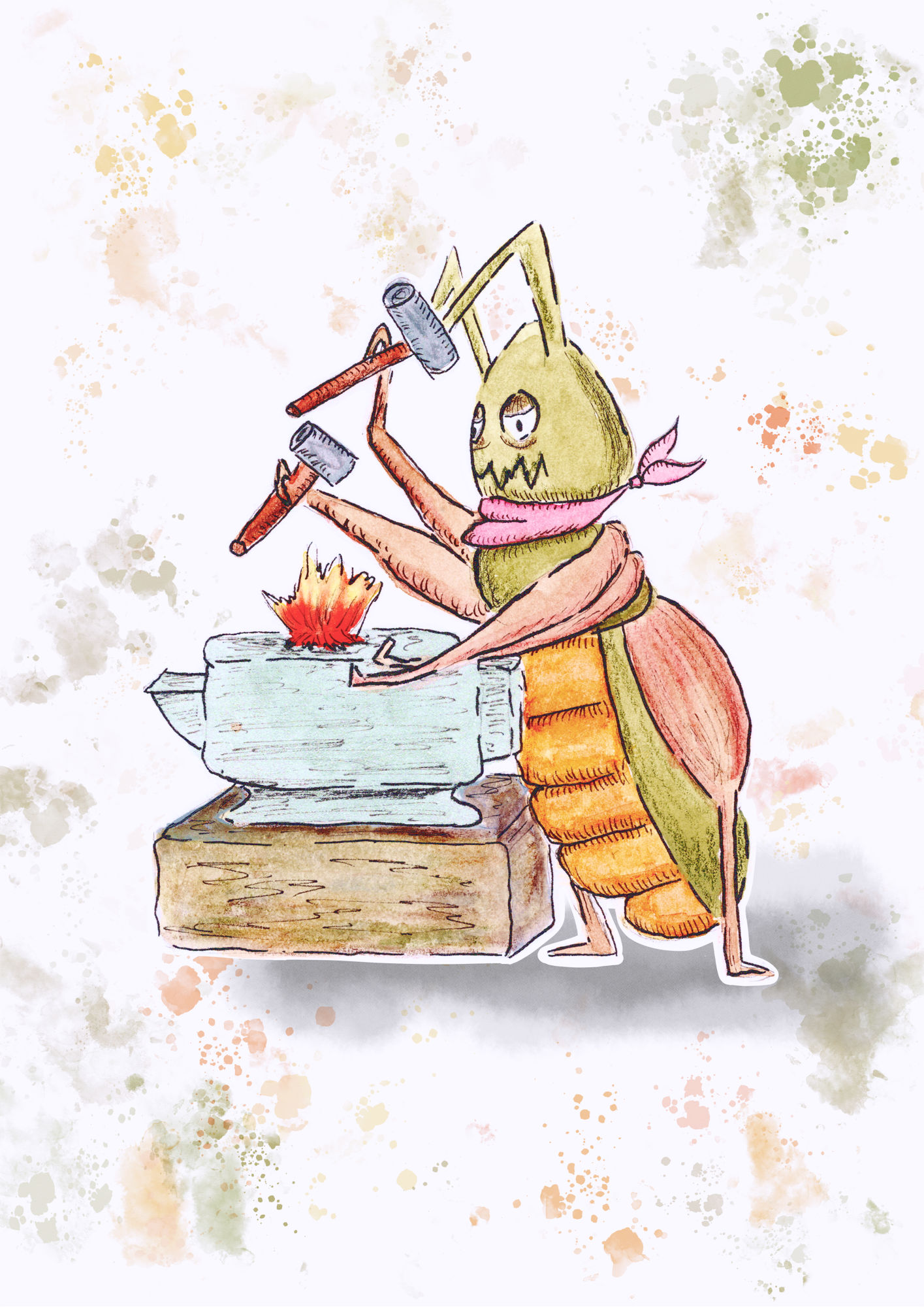 Illustration à l'aquarelle d'un termite forgeron anthropomorphe, tapant avec deux marteaux sur une enclume ardente.