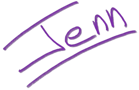 Le prénom Jenn dessiné avec un lettrage stylisé et souligné de couleur violette.
