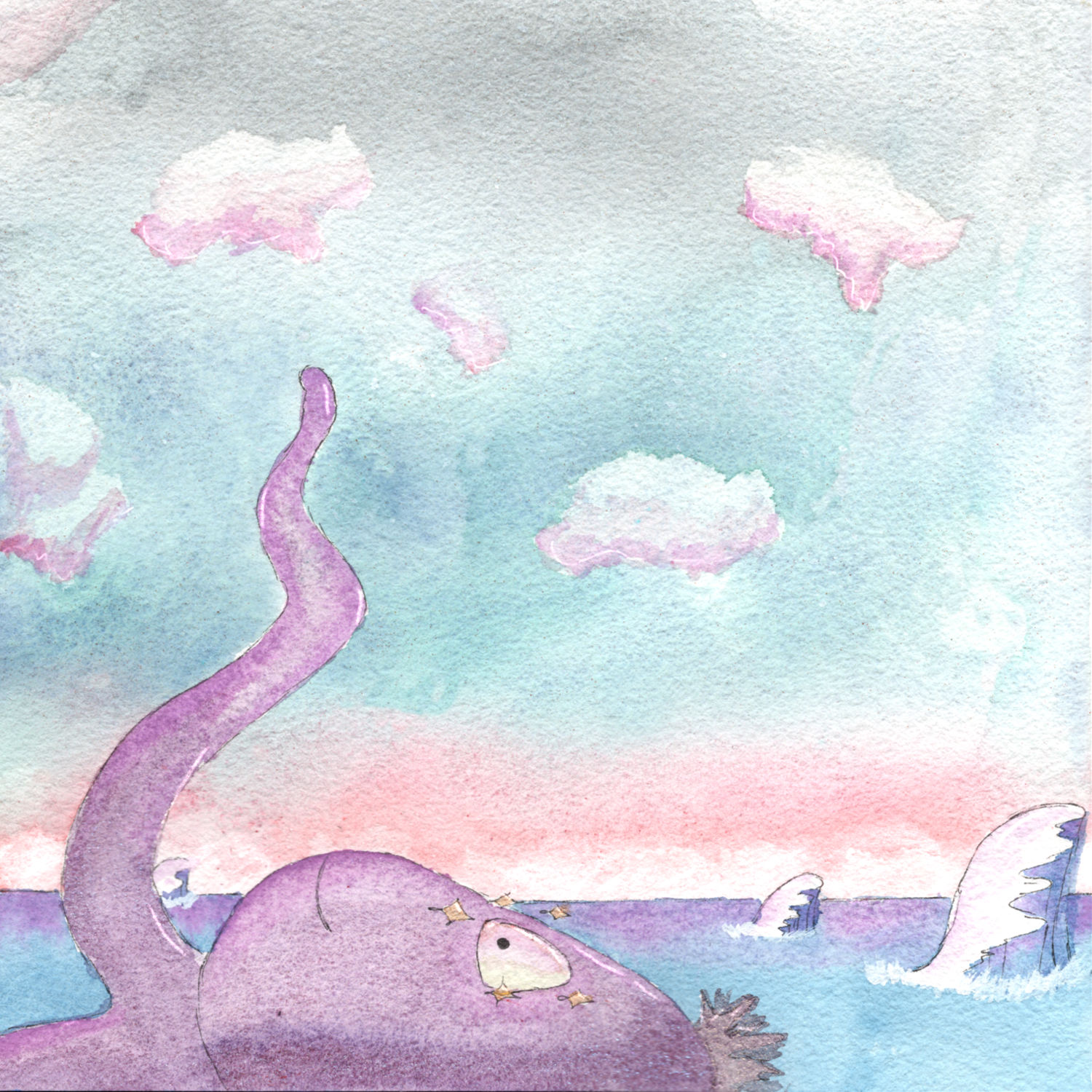 Illustration à l'aquarelle d'un poulpe violet flottant à la surface de l'océan. Il lève un tentacule vers un ciel pastel aux nuages roses. Le poulpe a de petites étoiles dorées autour de l'œil, lui donnant une expression rêveuse.