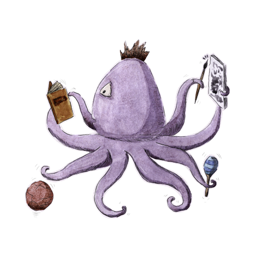 Illustration détourée à l'aquarelle d'un poulpe violet multitâche tenant simultanément un carnet orange, un pinceau, une toile couverte d'encre et une maracas bleue.