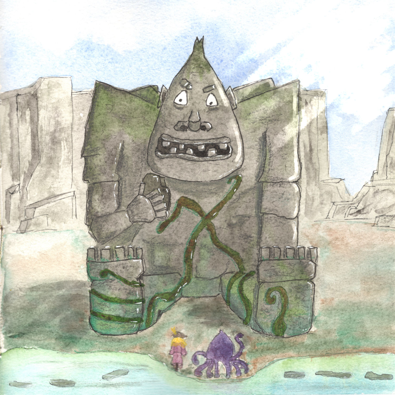 llustration à l'aquarelle d'un immense golem de pierre parcouru de lianes vertes, regardant avec surprise un minuscule poulpe violet et un épouvantail vus de dos, juste après leur traversée d'une rivière.