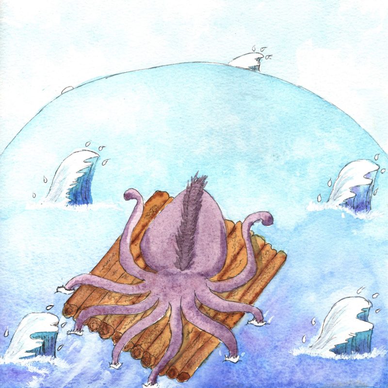 Illustration à l'aquarelle d'un poulpe violet vu de dessus, cramponné de tous ses tentacules à un radeau de rondins de bois. Il navigue sur un océan bleu à l'horizon courbé, entouré de vagues écumantes stylisées.
