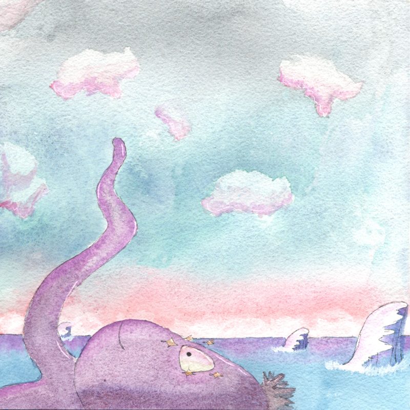 Illustration à l'aquarelle d'un poulpe violet flottant à la surface de l'océan. Il lève un tentacule vers un ciel pastel aux nuages roses. Le poulpe a de petites étoiles dorées autour de l'œil, lui donnant une expression rêveuse.