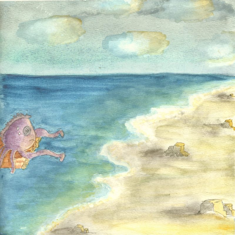 Illustration à l'aquarelle d'un poulpe violet tremblant et nauséeux, cramponné à son radeau de bois. Il a un œil en spirale et des gouttes de sueur, souffrant du mal de mer alors qu'il approche d'une plage de sable sous un ciel nuageux.