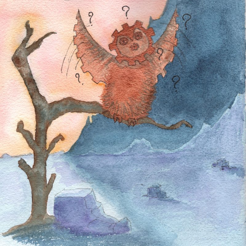Illustration à l'aquarelle d'un hibou mécanique aux traits rappelant des rouages, perché sur un arbre mort. Il lève les ailes d'un air confus, entouré de points d'interrogation. En fond, un paysage glacé sous un ciel partagé entre un coucher de soleil orangé et une nuit bleue sombre.
