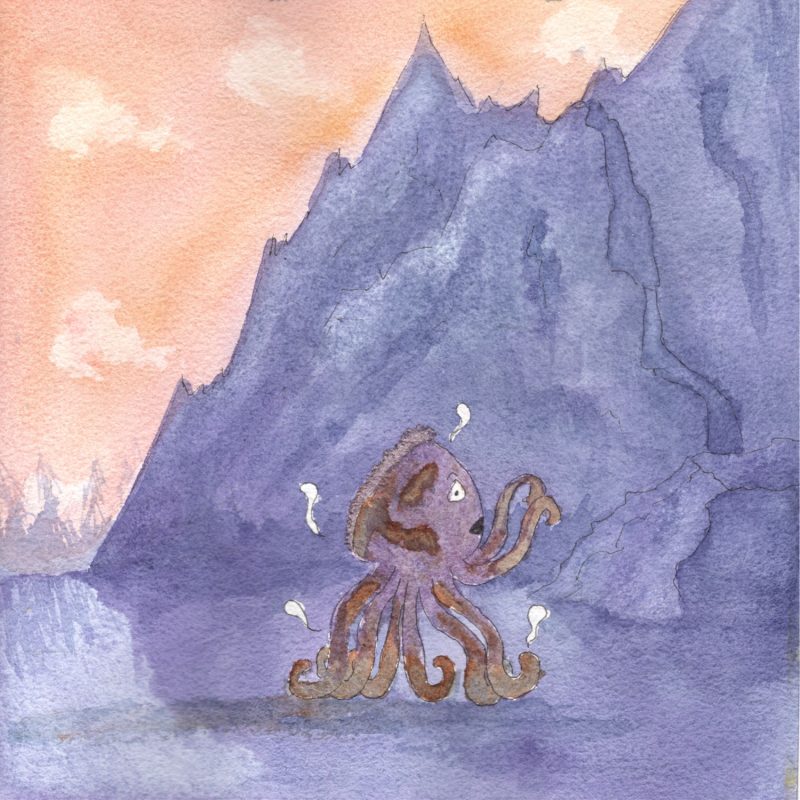 Illustration à l'aquarelle d'un petit poulpe violet couvert de boue brune, l'air épuisé et haletant. Il se tient au pied d'une immense montagne bleue aux crêtes escarpées, sous un ciel de fin de journée orangé.