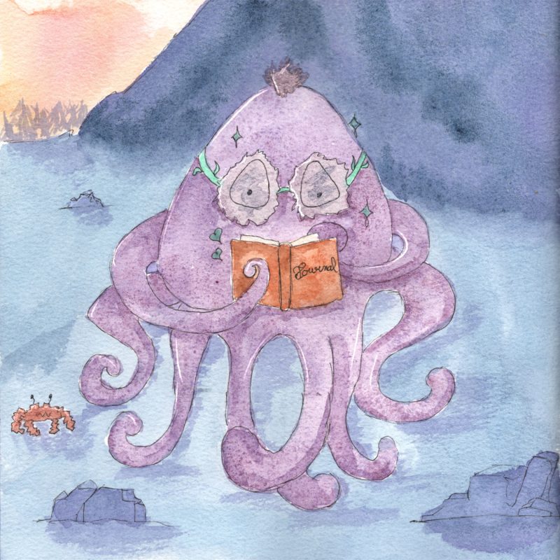 Illustration à l'aquarelle d'un poulpe violet portant des lunettes en fourrure maintenues par des lianes. Il lit un livre orange intitulé "Journal", entouré de petits cœurs verts. En arrière-plan sur la glace, un petit crabe orange carré l'observe, avec une montagne bleue au loin.