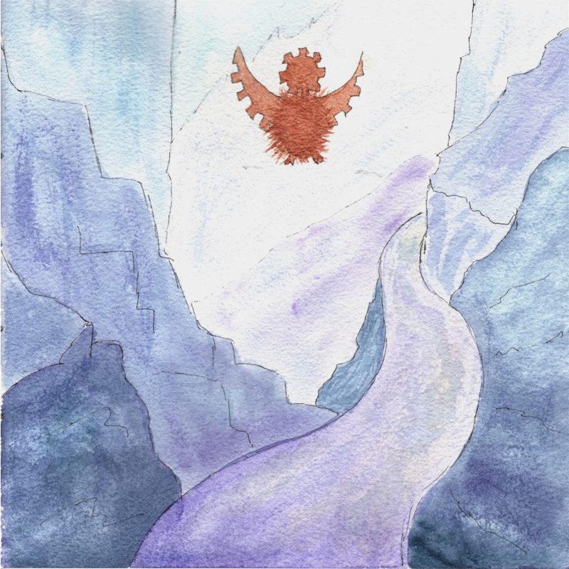 Illustration à l'aquarelle d'un vaste canyon aux montagnes bleues et violettes traversé par un chemin sinueux enneigé. Dans le ciel clair au-dessus des sommets, un hibou mécanique cuivré aux ailes déployées est en plein vol.