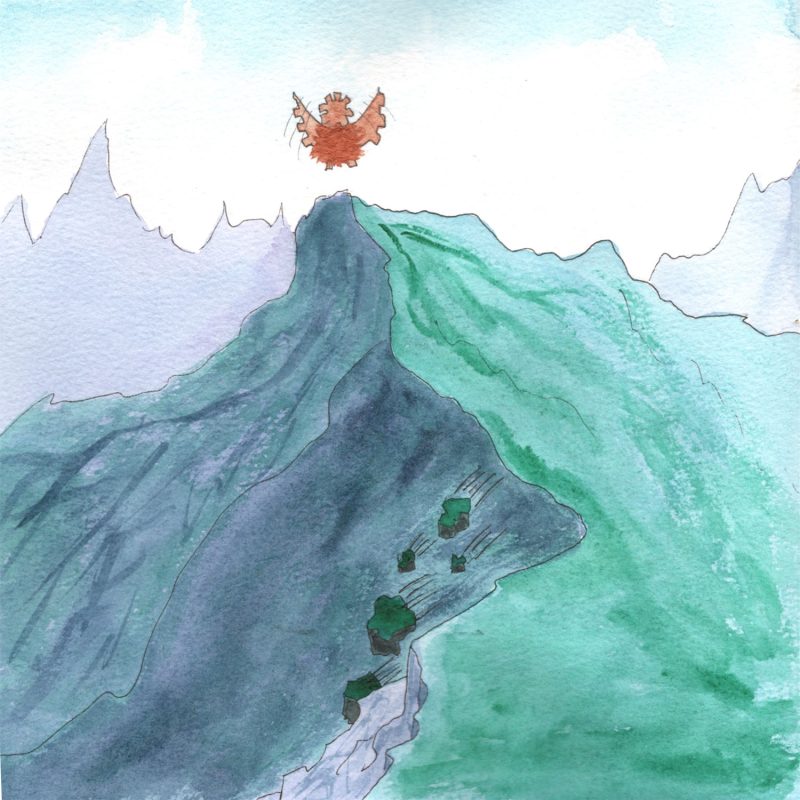 Illustration à l'aquarelle d'une grande montagne divisée en un versant bleu et un versant vert. Des rochers tombent à toute vitesse sur la pente droite. Au-dessus du sommet, un hibou mécanique cuivré plane dans un ciel clair.