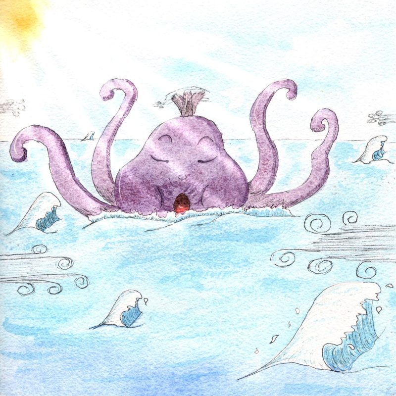 Illustration à l'aquarelle et à l'encre d'un poulpe violet émergeant à la surface de l'océan, les yeux fermés et la bouche grande ouverte comme s'il chantait, entouré de vagues et de bourrasques de vent stylisées.