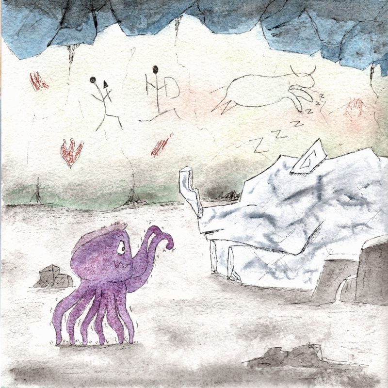 Illustration à l'aquarelle d'un poulpe violet tremblant de peur dans une grotte face à une énorme créature de pierre grise endormie. En arrière-plan, la paroi de la caverne est ornée de peintures rupestres représentant des chasseurs, un bison et des empreintes de mains.