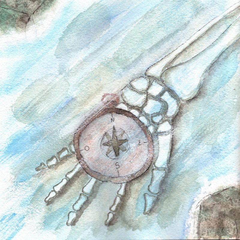 Illustration à l'aquarelle d'une main de squelette humain reposant sous une surface d'eau glacée ou de glace bleue, tenant au creux de sa paume une boussole ancienne en bois et métal.
