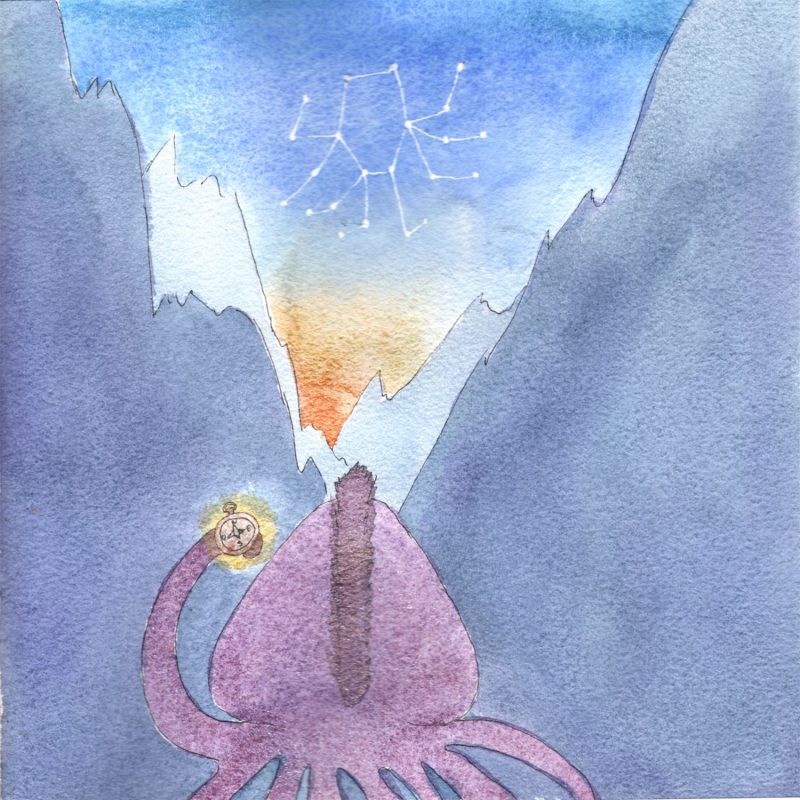 Illustration à l'aquarelle d'un poulpe violet, vu de dos, regardant vers le haut à travers une crevasse rocheuse. Il tient une boussole lumineuse et contemple une constellation blanche dessinée dans le ciel orange.