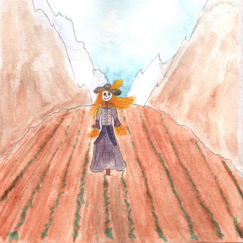 Illustration à l'aquarelle d'une figure d'épouvantail avec de longs cheveux roux et un chapeau de voyageur, debout au centre d'un champ de culture en perspective entre des montagnes escarpées.
