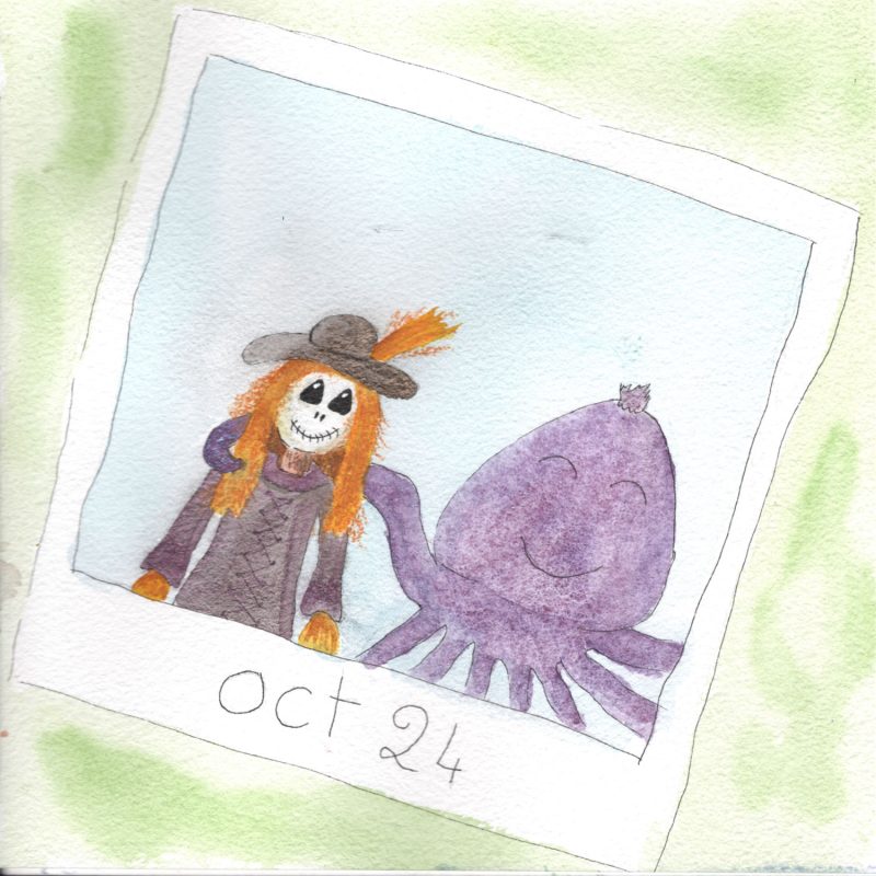 Illustration à l'aquarelle d'une photo Polaroid à bords blancs montrant un épouvantail à tête de crâne et un poulpe violet souriant, se tenant bras dessus bras dessous. En bas de la photo, la date "oct 24" est écrite à la main.