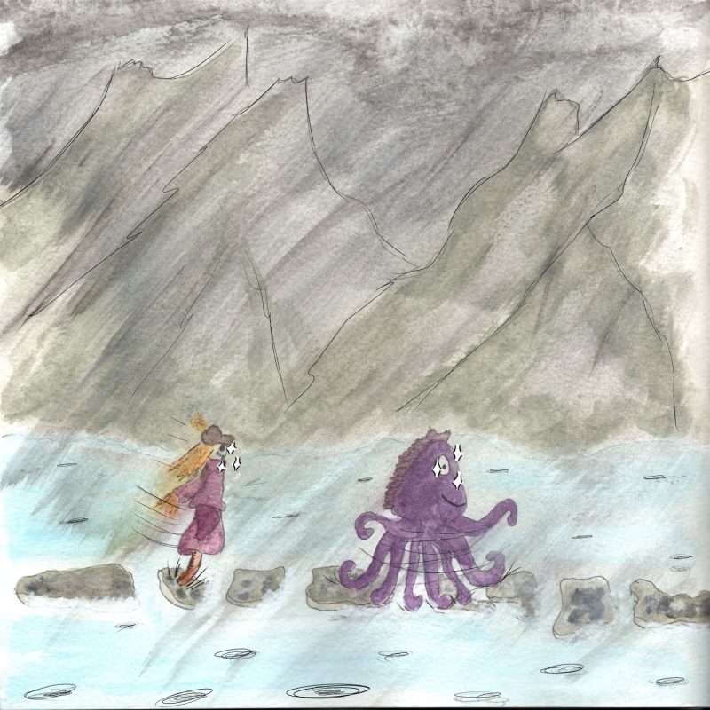 Illustration à l'aquarelle d'un poulpe violet et d'un épouvantail traversant une rivière en sautant sur des pierres de gué sous une pluie battante, avec d'imposantes montagnes grises en arrière-plan.