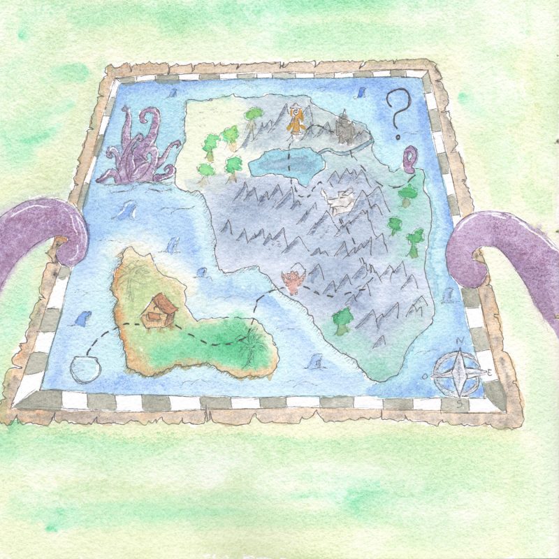 Illustration à l'aquarelle d'une carte d'aventure tenue par deux tentacules violets. Un chemin en pointillés traverse des îles, des montagnes, et passe près d'un épouvantail et d'un golem, pour s'arrêter sur un point d'interrogation.