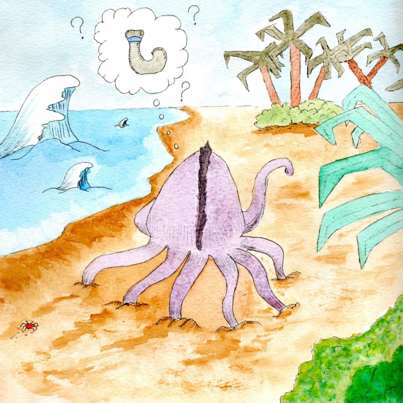 Illustration à l'aquarelle d'un poulpe violet vu de dos sur une plage de sable, regardant l'océan. Au-dessus de lui, une bulle de pensée contient une chaussette et des points d'interrogation.