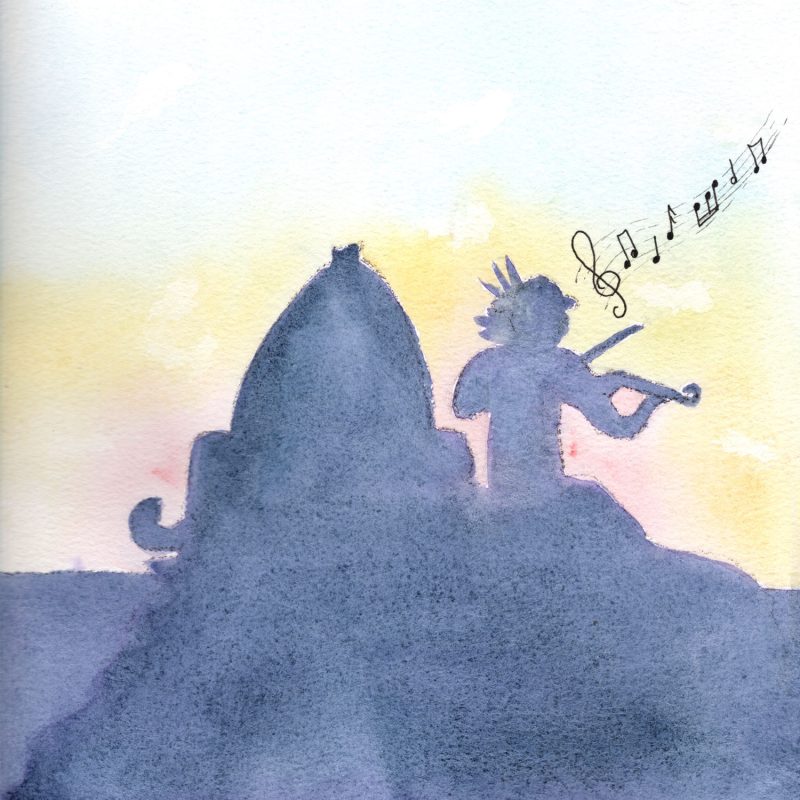 Illustration à l'aquarelle représentant les silhouettes à contre-jour d'un poulpe et d'un épouvantail jouant du violon. Ils se découpent sur un ciel dégradé jaune et bleu évoquant un coucher de soleil, avec des notes de musique à l'encre s'envolant dans les airs.