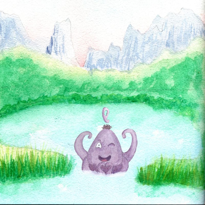 llustration à l'aquarelle d'un poulpe violet souriant qui fait un clin d'œil et forme un cœur avec ses tentacules. Il baigne dans un lac vert d'eau entouré de rives verdoyantes, avec des montagnes bleues en arrière-plan.