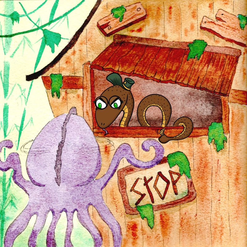 Illustration à l'aquarelle d'un poulpe violet vu de dos, faisant des gestes de surprise face à une cabane en bois dans la jungle. Un panneau indique "STOP". À la fenêtre de la cabane se trouve un serpent marron portant des lunettes et un petit chapeau vert.
