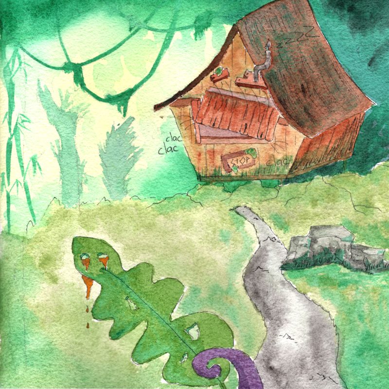 : Illustration à l'aquarelle en vue subjective montrant un tentacule violet au premier plan tenant une feuille verte dotée de trous qui contiennent du poison. En arrière-plan, un chemin mène à une cabane en bois endormie dans la jungle luxuriante.